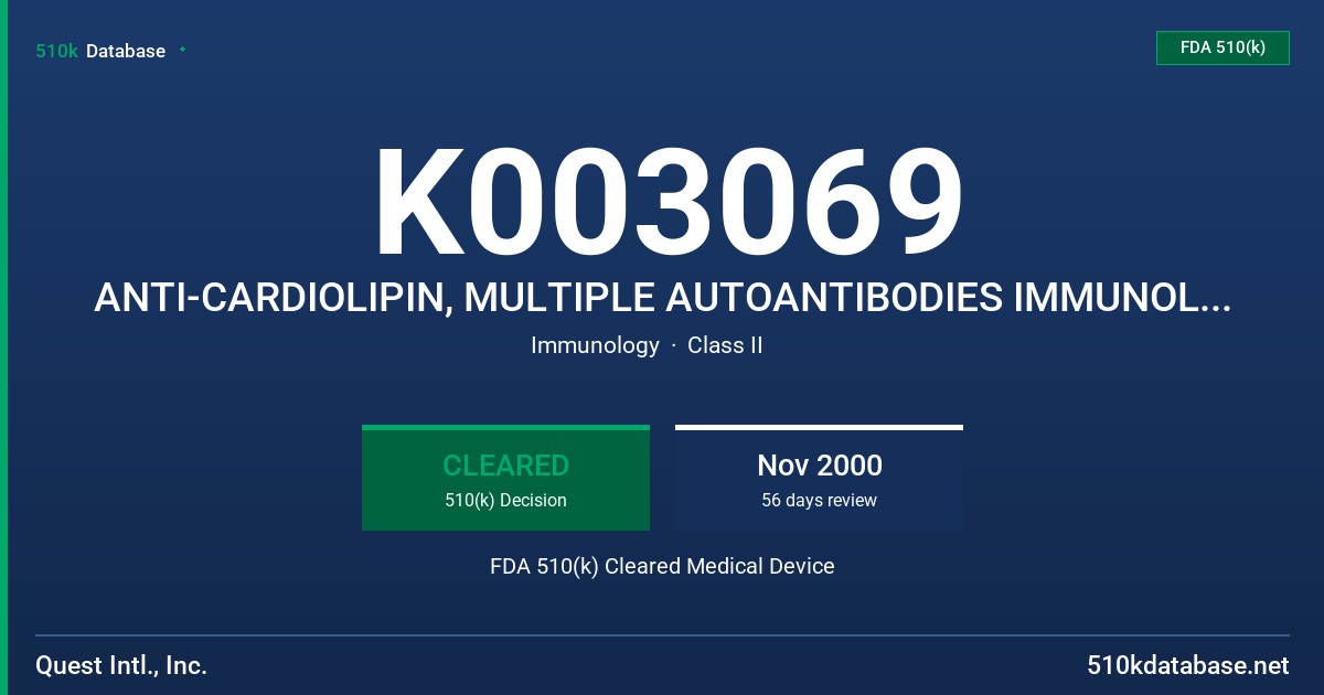 K003069 ANTI-CARDIOLIPIN, MULTIPLE AUTOANTIBODIES IMMUNOLOGICAL TEST SYSTEM FDA 510(k) Cleared Medical Device