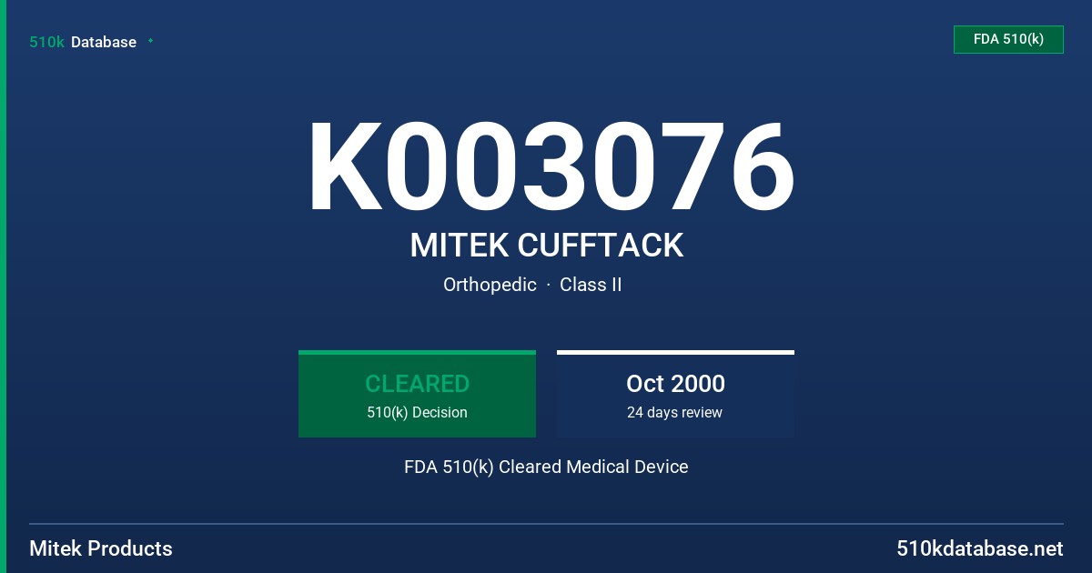 K003076 MITEK CUFFTACK FDA 510(k) Cleared Medical Device