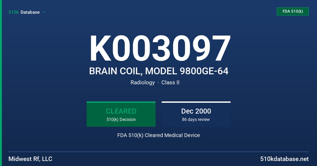 K003097 BRAIN COIL, MODEL 9800GE-64 FDA 510(k) Cleared Medical Device