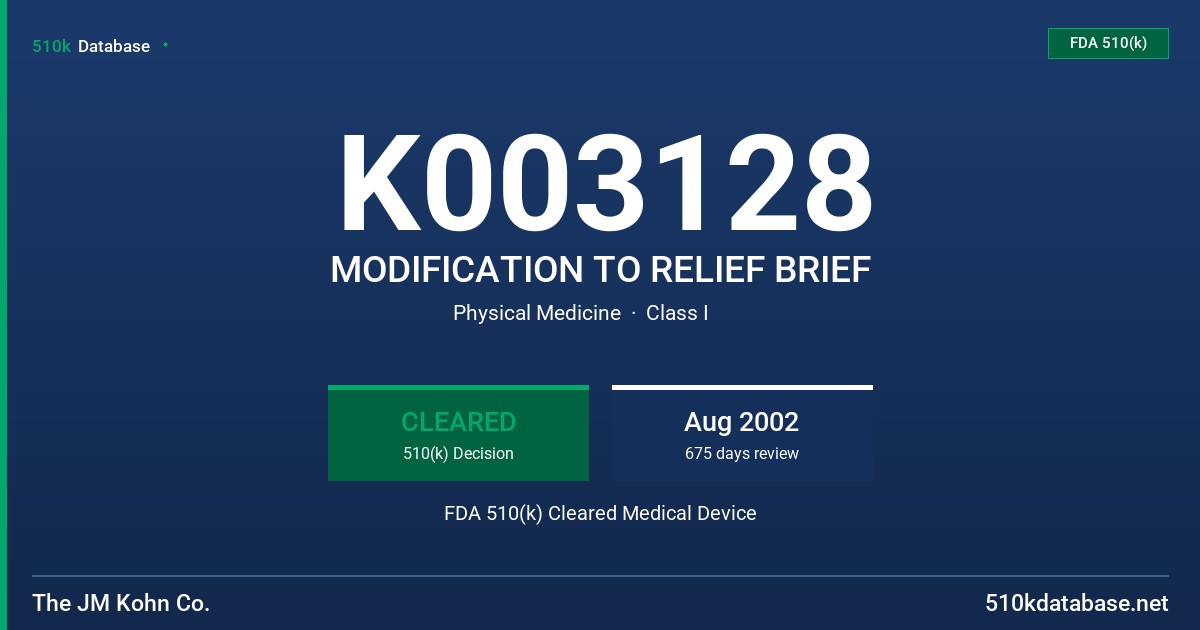 K003128 MODIFICATION TO RELIEF BRIEF FDA 510(k) Cleared Medical Device