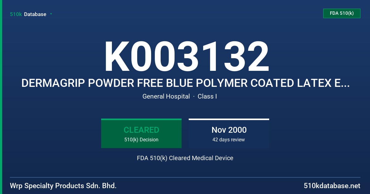 K003132 DERMAGRIP POWDER FREE BLUE POLYMER COATED LATEX EXAMINATION GLOVE, NON-STERILE CONTAINS 50 MICROGRAM OR LESS OF TOTAL WA FDA 510(k) Cleared Medical Device