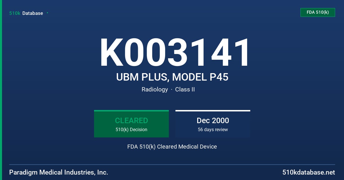 K003141 UBM PLUS, MODEL P45 FDA 510(k) Cleared Medical Device