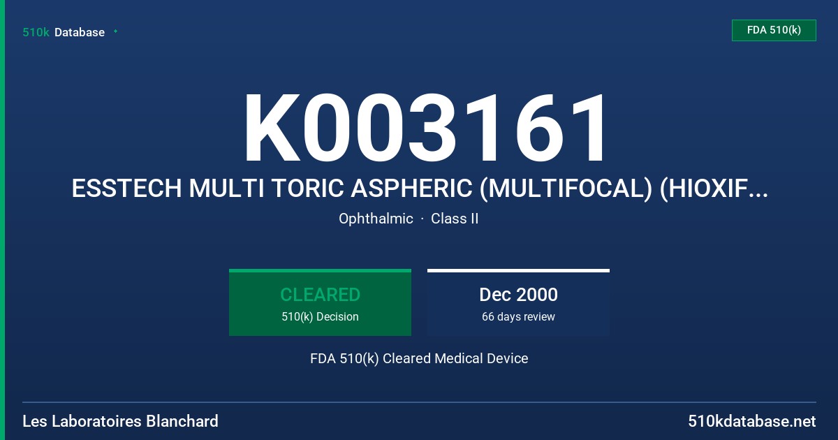 K003161 ESSTECH MULTI TORIC ASPHERIC (MULTIFOCAL) (HIOXIFILCON B) SOFT (HYDROPHILIC) CONTACT LENS FOR DAILY WEAR (CLEAR AND TINT FDA 510(k) Cleared Medical Device
