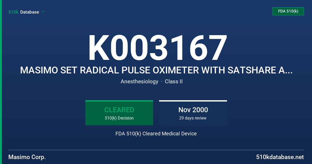 K003167 MASIMO SET RADICAL PULSE OXIMETER WITH SATSHARE AND LNOP SERIES OF SENSORS AND CABLES FDA 510(k) Cleared Medical Device