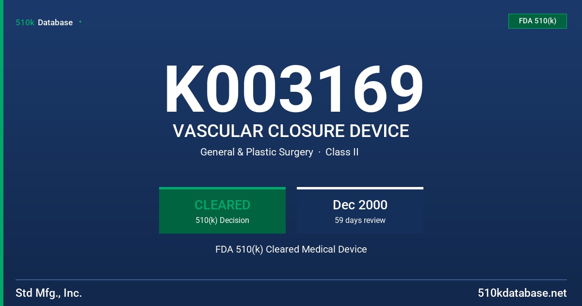 K003169 VASCULAR CLOSURE DEVICE FDA 510(k) Cleared Medical Device