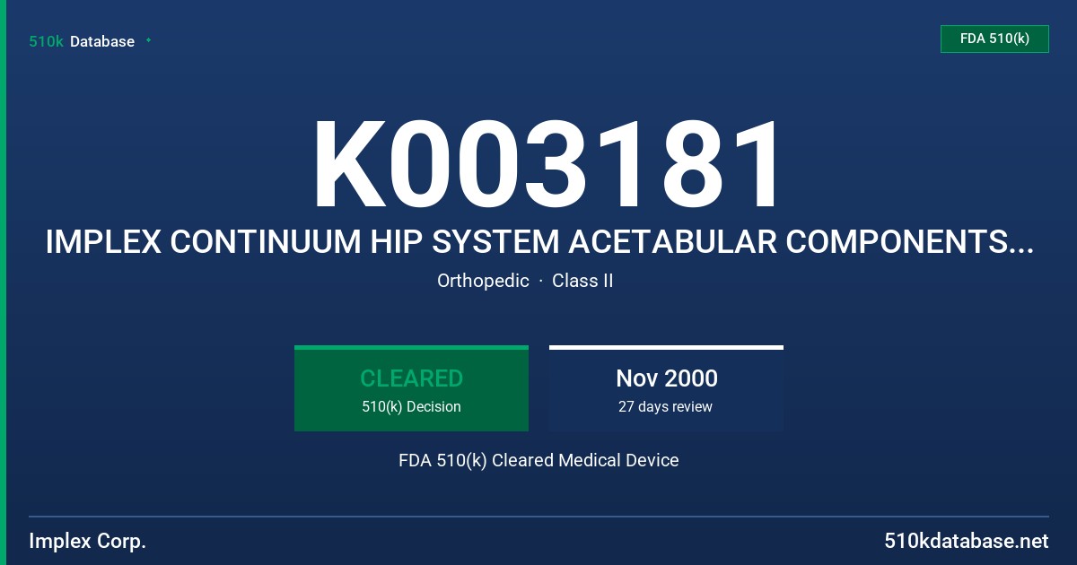 K003181 IMPLEX CONTINUUM HIP SYSTEM ACETABULAR COMPONENTS - MODEL XX-YYY-ZZZZ FDA 510(k) Cleared Medical Device