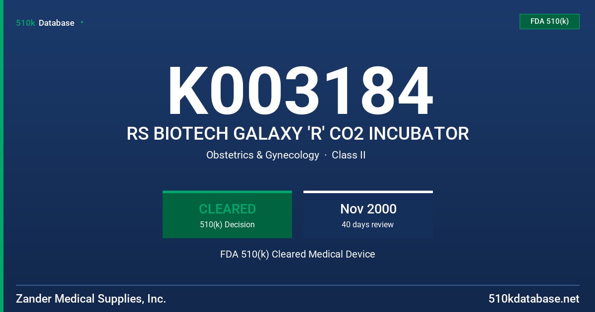 K003184 RS BIOTECH GALAXY 'R' CO2 INCUBATOR FDA 510(k) Cleared Medical Device