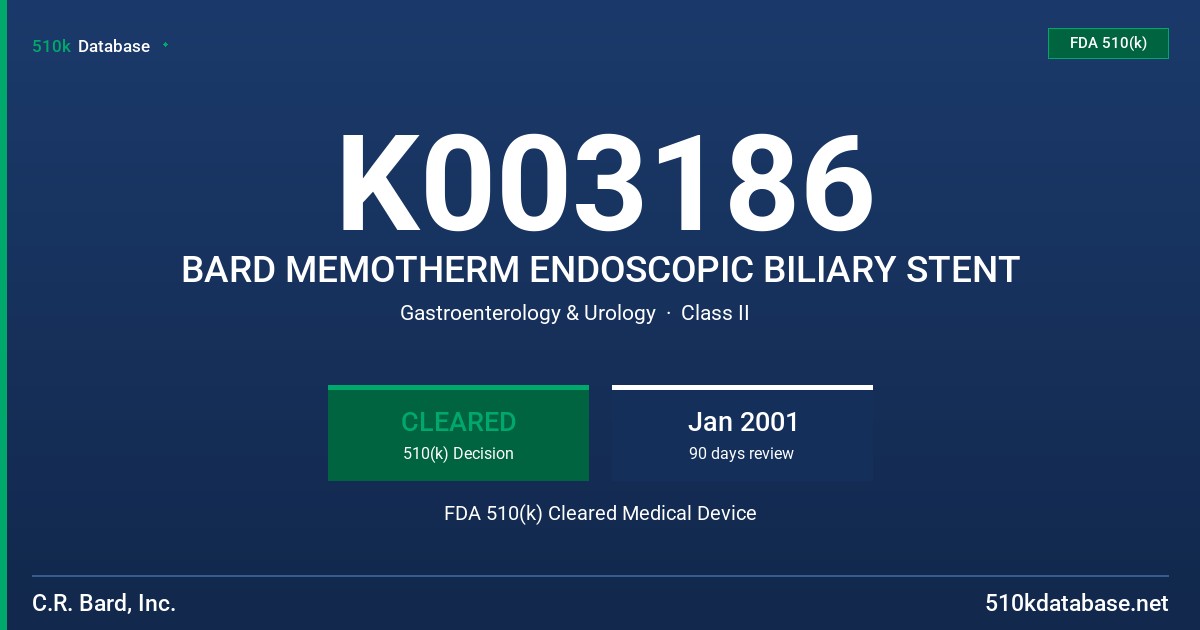 K003186 BARD MEMOTHERM ENDOSCOPIC BILIARY STENT FDA 510(k) Cleared Medical Device
