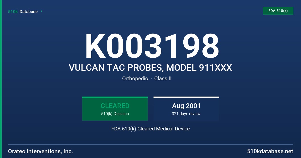 K003198 VULCAN TAC PROBES, MODEL 911XXX FDA 510(k) Cleared Medical Device