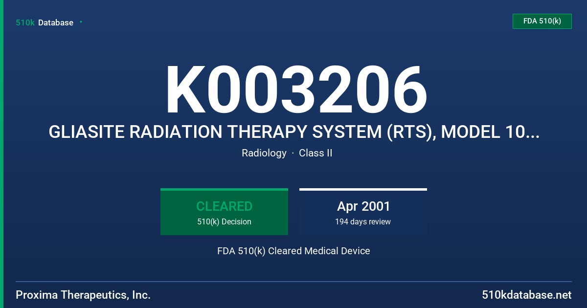 K003206 GLIASITE RADIATION THERAPY SYSTEM (RTS), MODEL 1020,1030,1040,8150,9005 FDA 510(k) Cleared Medical Device