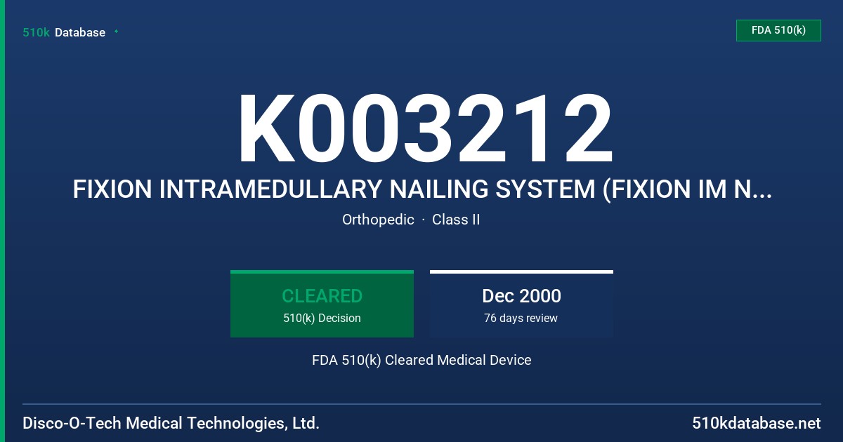 K003212 FIXION INTRAMEDULLARY NAILING SYSTEM (FIXION IM NAIL) FDA 510(k) Cleared Medical Device