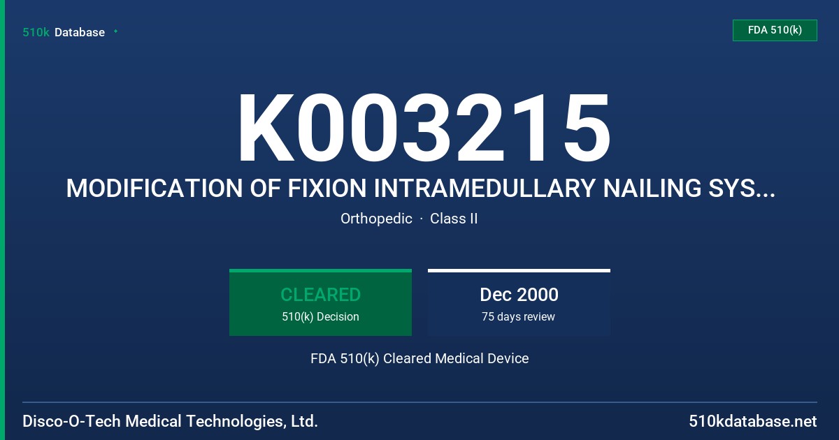 K003215 MODIFICATION OF FIXION INTRAMEDULLARY NAILING SYSTEM (FIXION IM NAIL) FDA 510(k) Cleared Medical Device