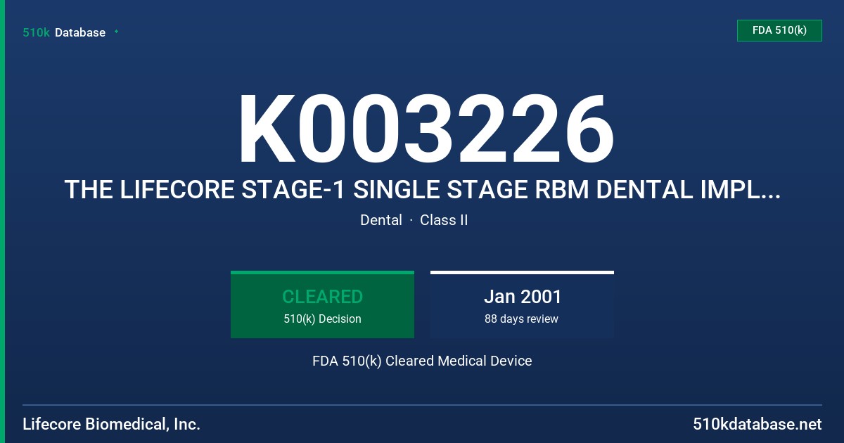 K003226 THE LIFECORE STAGE-1 SINGLE STAGE RBM DENTAL IMPLANT SYSTEM FDA 510(k) Cleared Medical Device