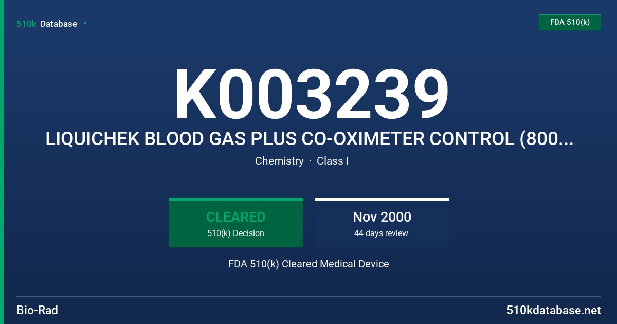 K003239 LIQUICHEK BLOOD GAS PLUS CO-OXIMETER CONTROL (800 SERIES), MODEL504,505,506 FDA 510(k) Cleared Medical Device