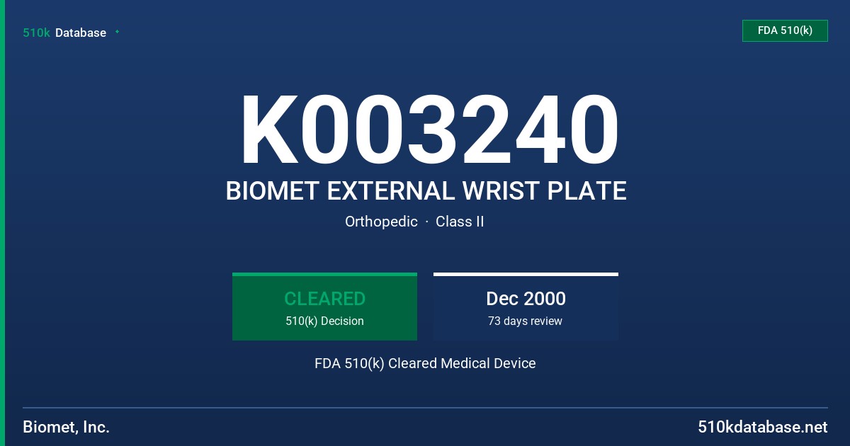 K003240 BIOMET EXTERNAL WRIST PLATE FDA 510(k) Cleared Medical Device