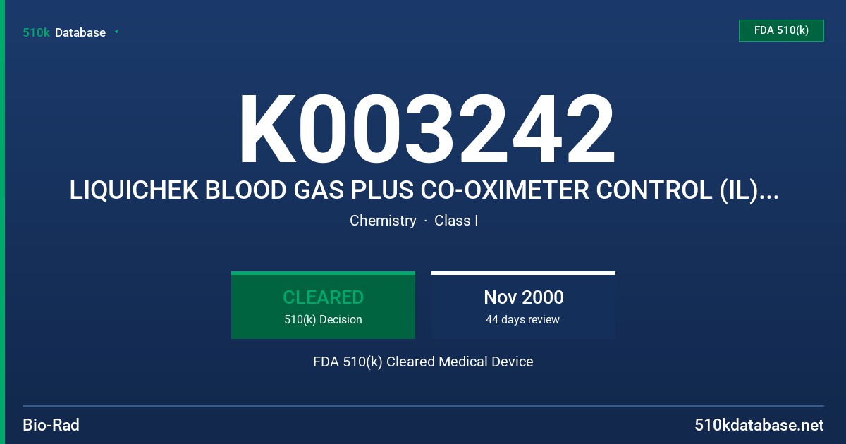 K003242 LIQUICHEK BLOOD GAS PLUS CO-OXIMETER CONTROL (IL), MODEL 621,622,623 FDA 510(k) Cleared Medical Device