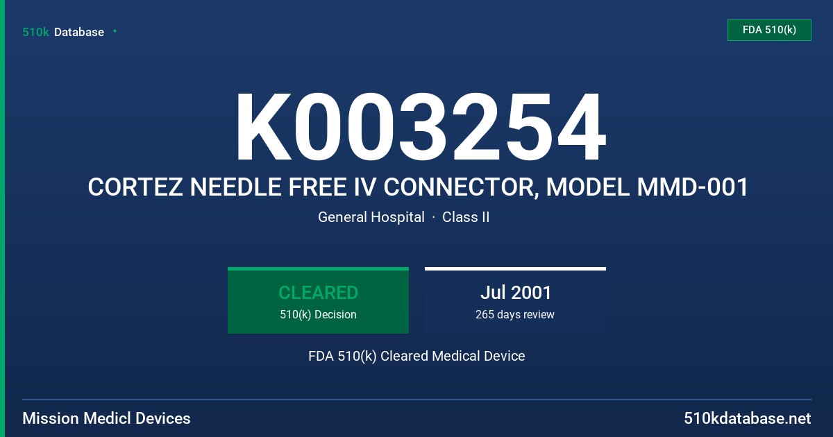 K003254 CORTEZ NEEDLE FREE IV CONNECTOR, MODEL MMD-001 FDA 510(k) Cleared Medical Device