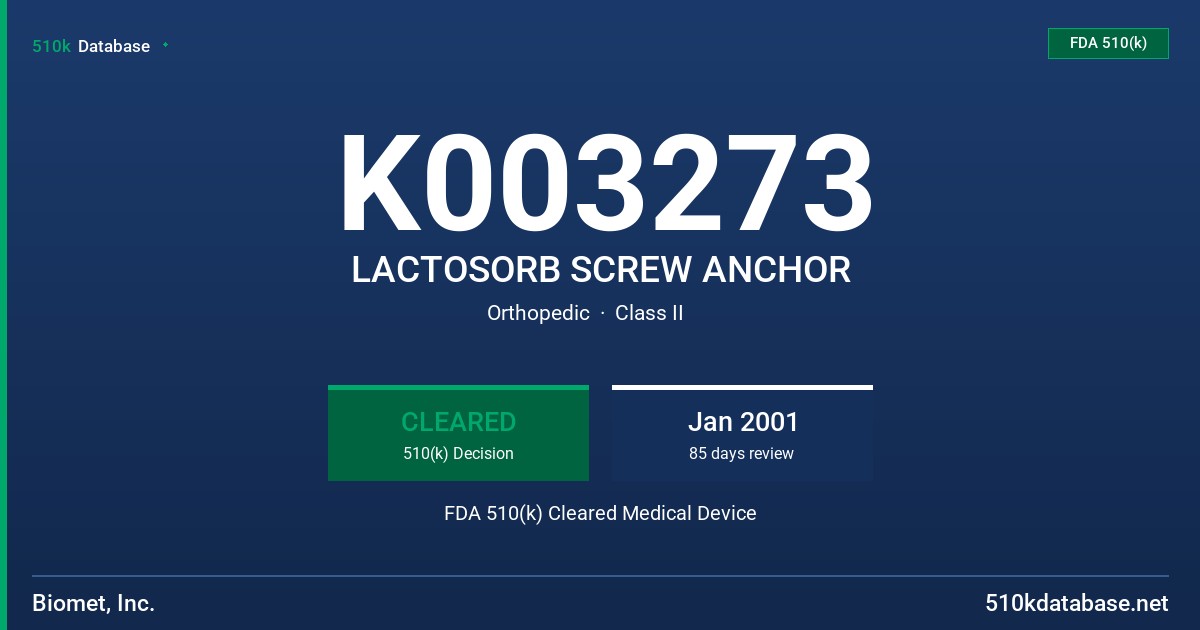 K003273 LACTOSORB SCREW ANCHOR FDA 510(k) Cleared Medical Device