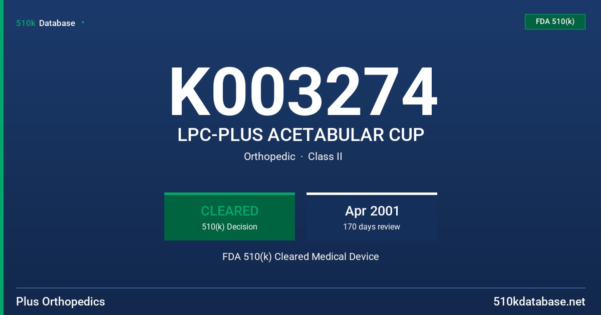 K003274 LPC-PLUS ACETABULAR CUP FDA 510(k) Cleared Medical Device
