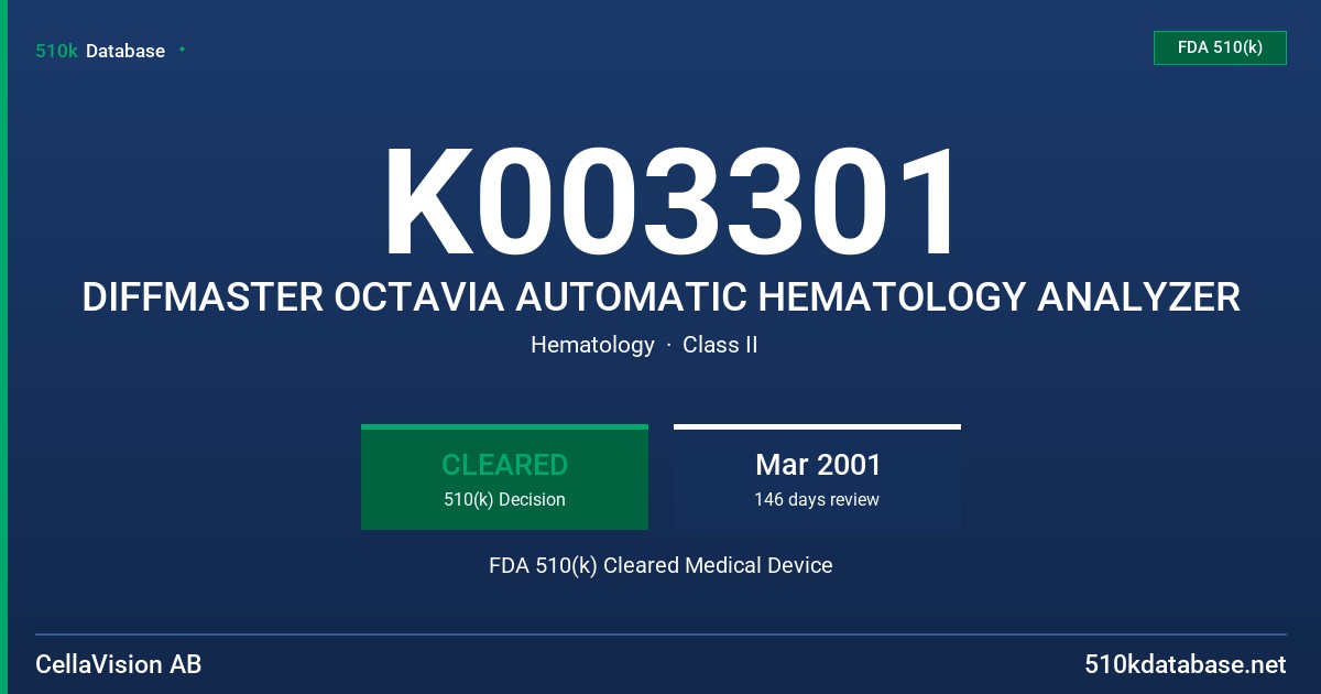 K003301 DIFFMASTER OCTAVIA AUTOMATIC HEMATOLOGY ANALYZER FDA 510(k) Cleared Medical Device