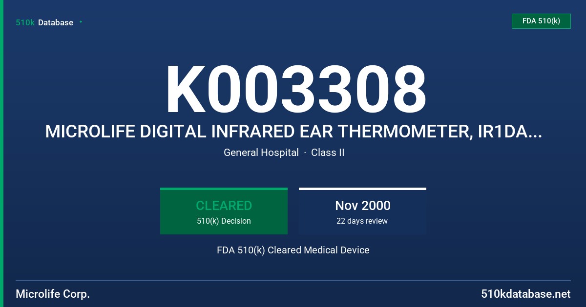 K003308 MICROLIFE DIGITAL INFRARED EAR THERMOMETER, IR1DAI, IR1DB1, IR1DD1 FDA 510(k) Cleared Medical Device