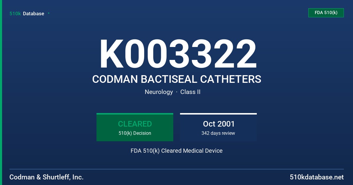 K003322 CODMAN BACTISEAL CATHETERS FDA 510(k) Cleared Medical Device