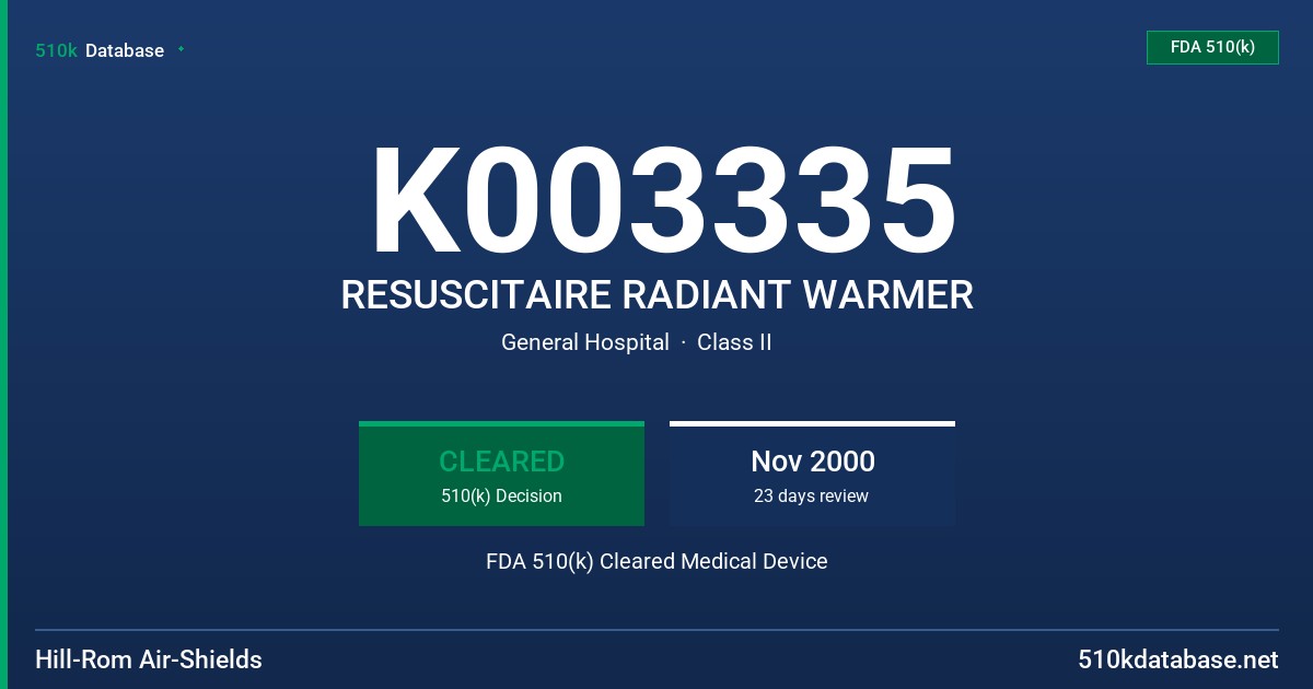 K003335 RESUSCITAIRE RADIANT WARMER FDA 510(k) Cleared Medical Device