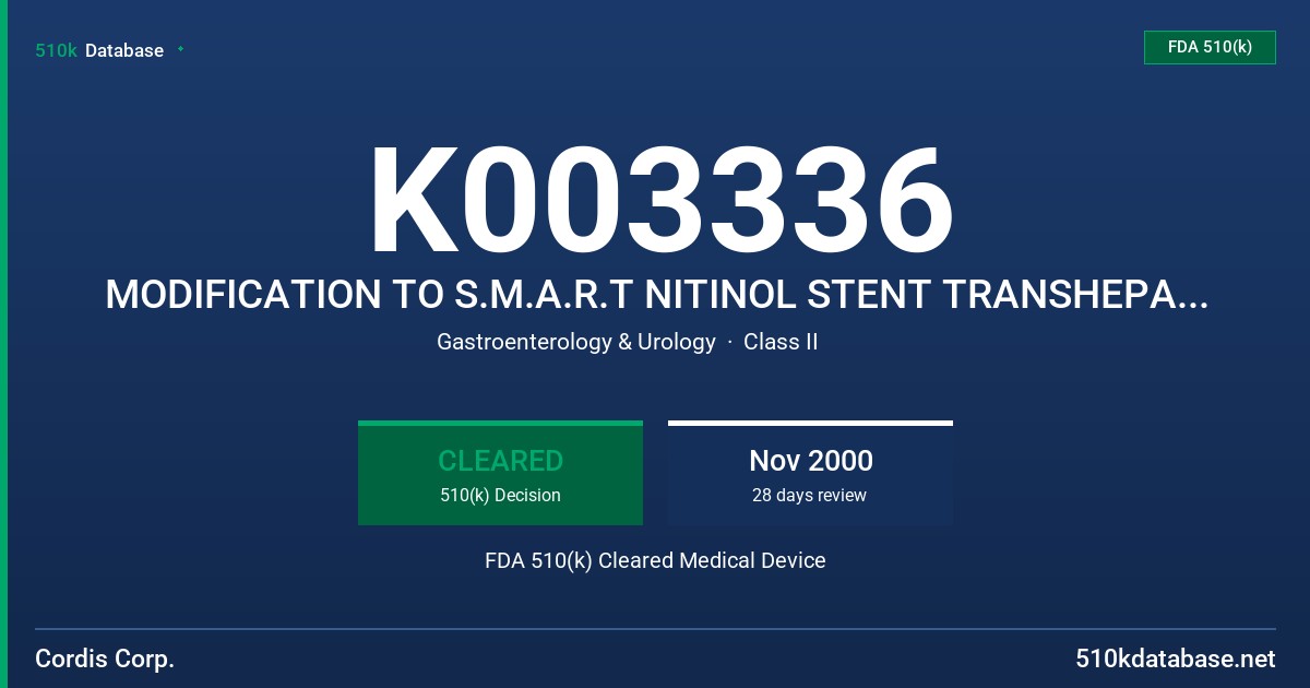 K003336 MODIFICATION TO S.M.A.R.T NITINOL STENT TRANSHEPATIC BILIARY SYSTEM FDA 510(k) Cleared Medical Device