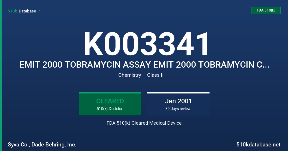 K003341 EMIT 2000 TOBRAMYCIN ASSAY EMIT 2000 TOBRAMYCIN CALIBRATORS FDA 510(k) Cleared Medical Device