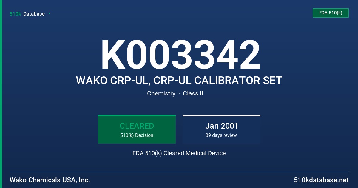 K003342 WAKO CRP-UL, CRP-UL CALIBRATOR SET FDA 510(k) Cleared Medical Device