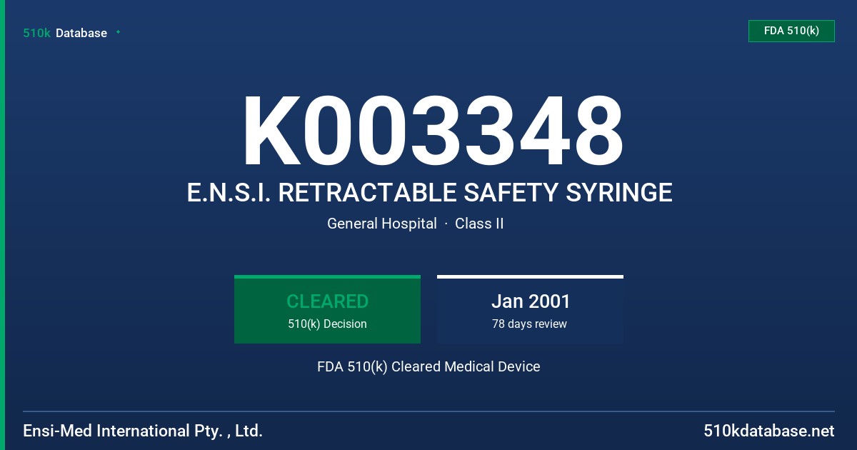 K003348 E.N.S.I. RETRACTABLE SAFETY SYRINGE FDA 510(k) Cleared Medical Device
