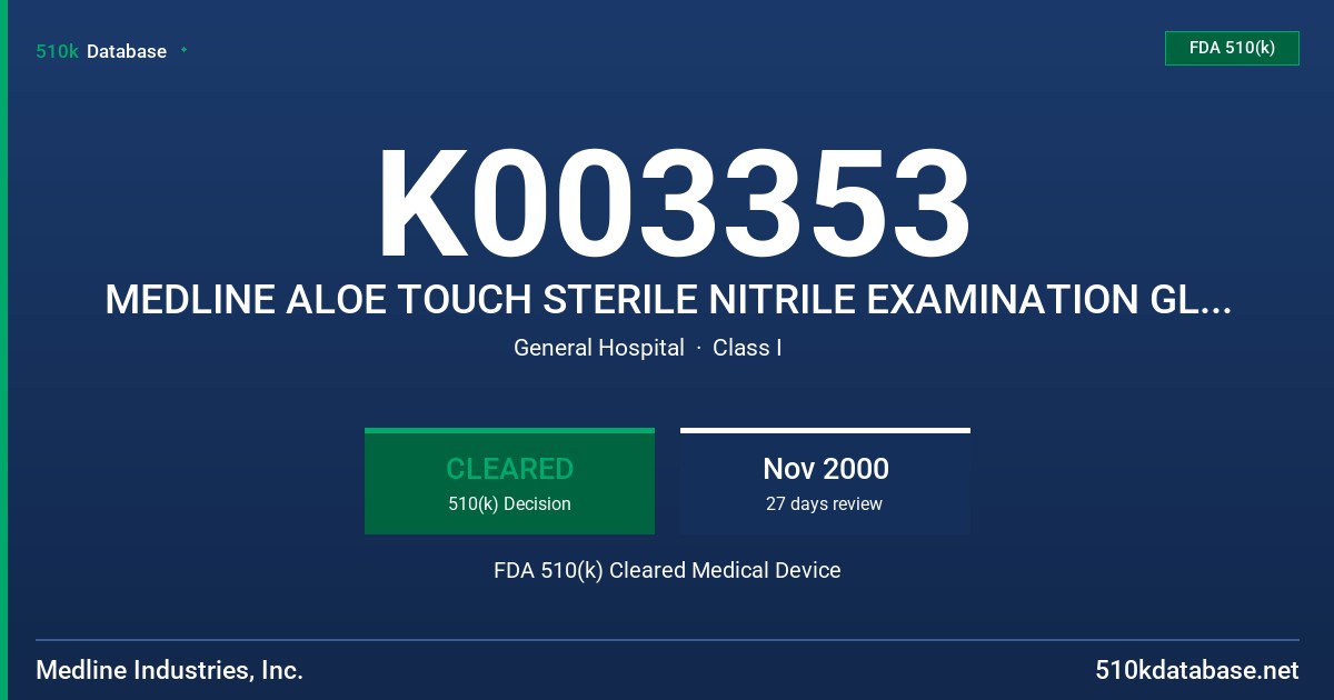 K003353 MEDLINE ALOE TOUCH STERILE NITRILE EXAMINATION GLOVES WITH ALOE VERA FDA 510(k) Cleared Medical Device