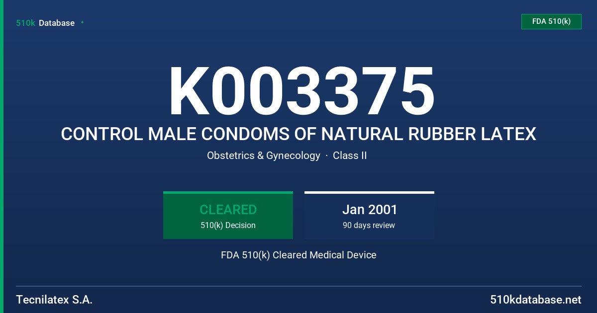 K003375 CONTROL MALE CONDOMS OF NATURAL RUBBER LATEX FDA 510(k) Cleared Medical Device