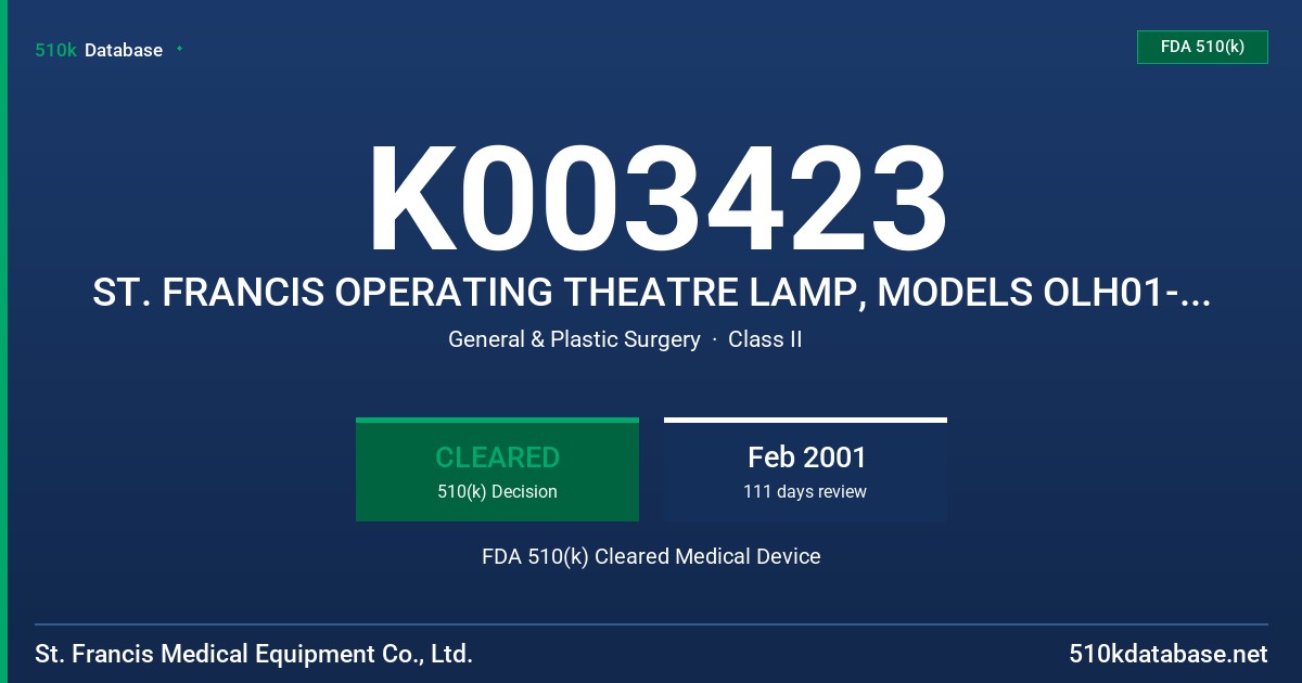 K003423 ST. FRANCIS OPERATING THEATRE LAMP, MODELS OLH01-125 AND LC-055 FDA 510(k) Cleared Medical Device