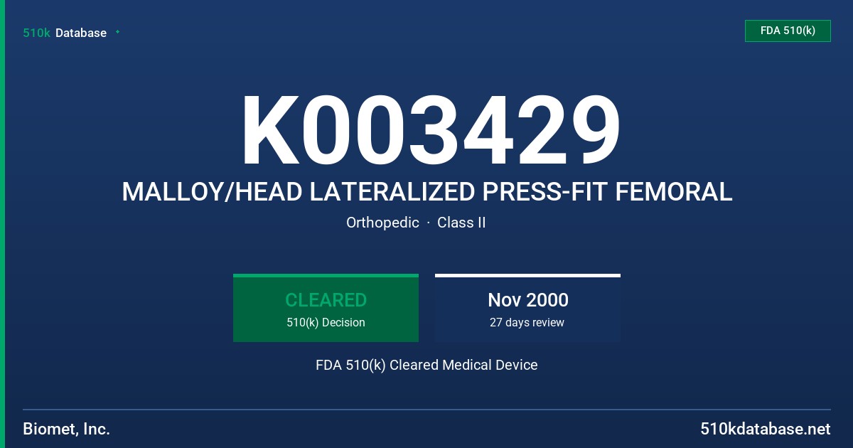 K003429 MALLOY/HEAD LATERALIZED PRESS-FIT FEMORAL FDA 510(k) Cleared Medical Device