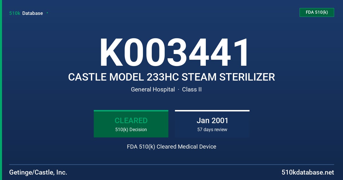 K003441 CASTLE MODEL 233HC STEAM STERILIZER FDA 510(k) Cleared Medical Device