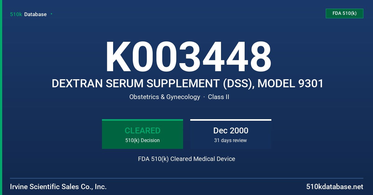 K003448 DEXTRAN SERUM SUPPLEMENT (DSS), MODEL 9301 FDA 510(k) Cleared Medical Device