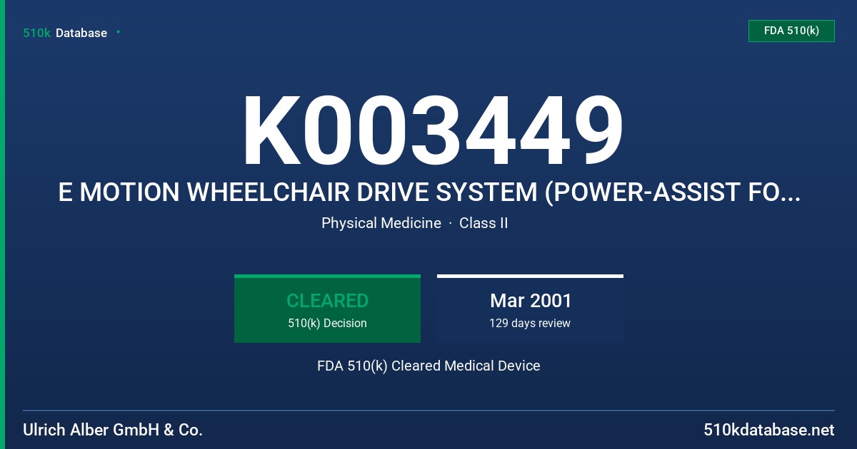 K003449 E MOTION WHEELCHAIR DRIVE SYSTEM (POWER-ASSIST FOR MANUAL WHEELCHAIRS) FDA 510(k) Cleared Medical Device