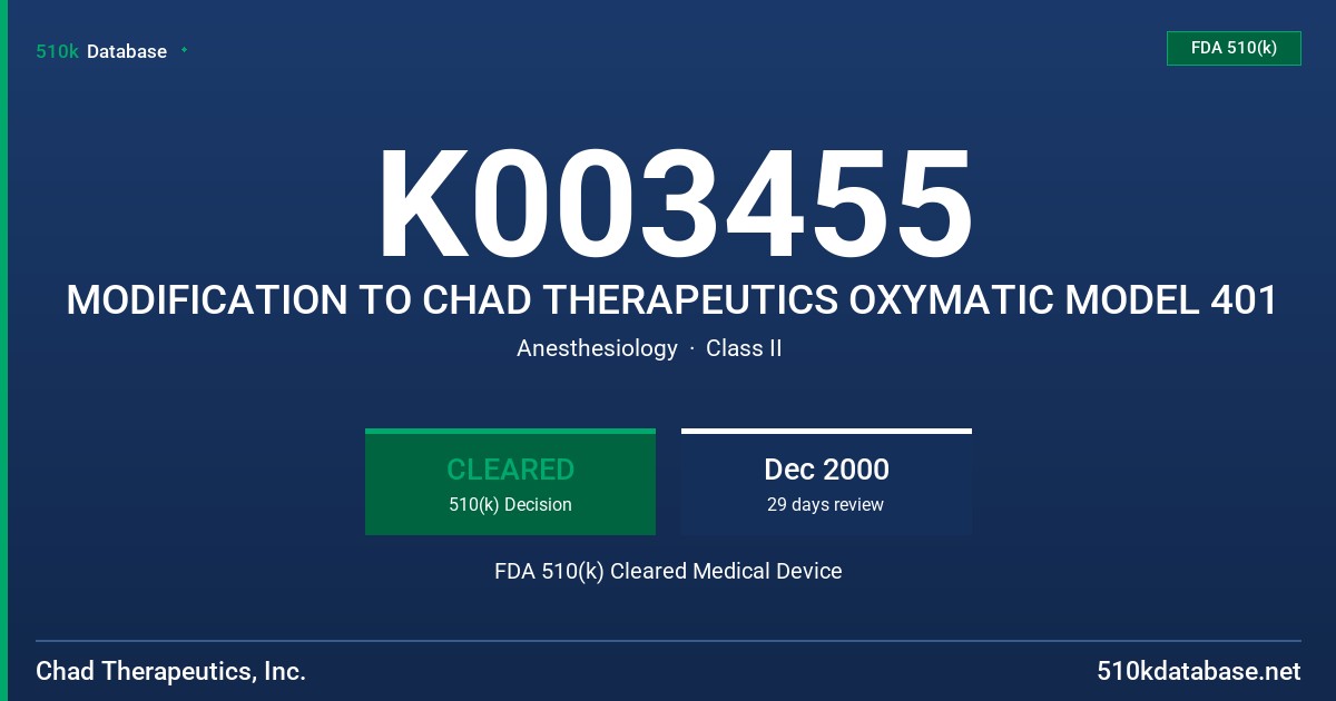 K003455 MODIFICATION TO CHAD THERAPEUTICS OXYMATIC MODEL 401 FDA 510(k) Cleared Medical Device