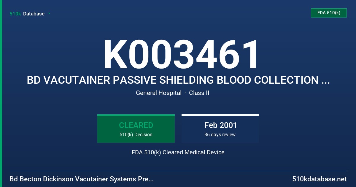 K003461 BD VACUTAINER PASSIVE SHIELDING BLOOD COLLECTION NEEDLE FDA 510(k) Cleared Medical Device