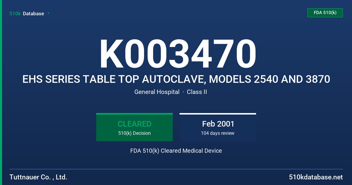 K003470 EHS SERIES TABLE TOP AUTOCLAVE, MODELS 2540 AND 3870 FDA 510(k) Cleared Medical Device