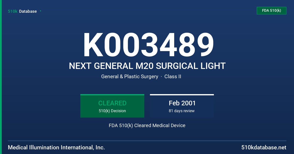 K003489 NEXT GENERAL M20 SURGICAL LIGHT FDA 510(k) Cleared Medical Device