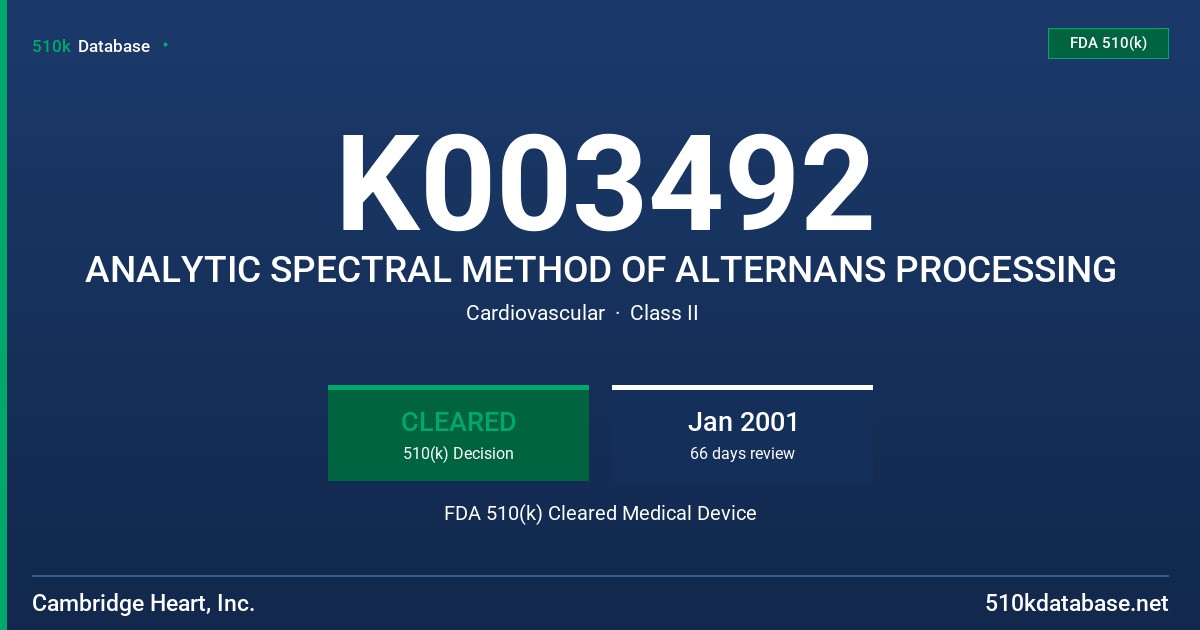 K003492 ANALYTIC SPECTRAL METHOD OF ALTERNANS PROCESSING FDA 510(k) Cleared Medical Device