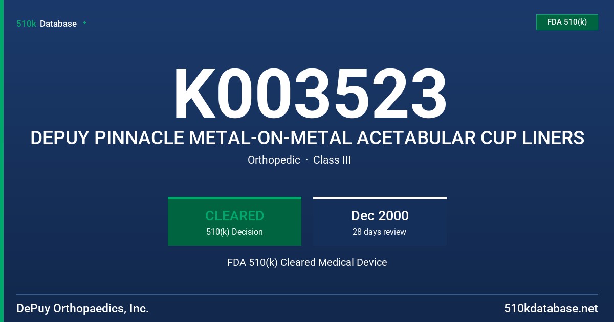K003523 DEPUY PINNACLE METAL-ON-METAL ACETABULAR CUP LINERS FDA 510(k) Cleared Medical Device