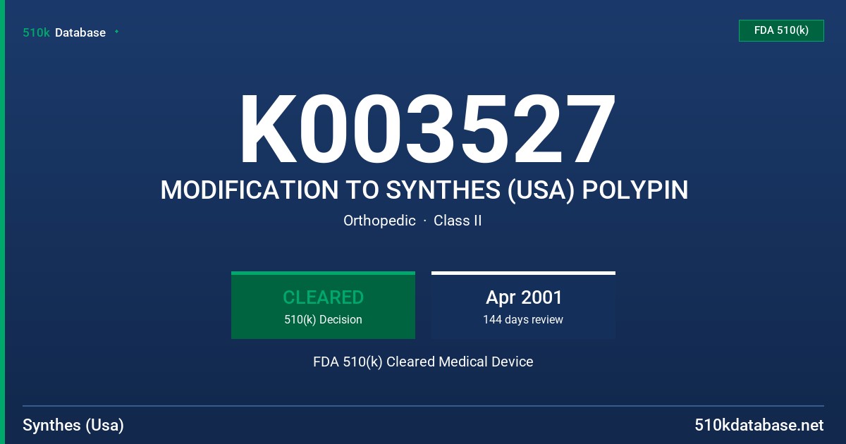 K003527 MODIFICATION TO SYNTHES (USA) POLYPIN FDA 510(k) Cleared Medical Device