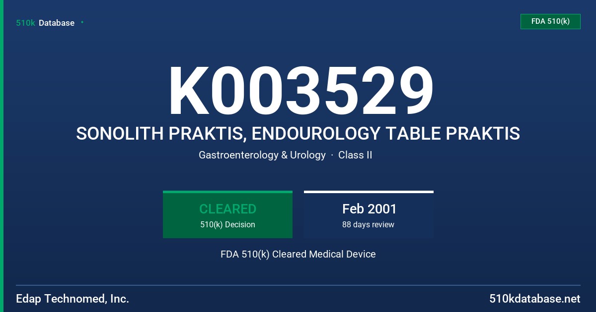 K003529 SONOLITH PRAKTIS, ENDOUROLOGY TABLE PRAKTIS FDA 510(k) Cleared Medical Device