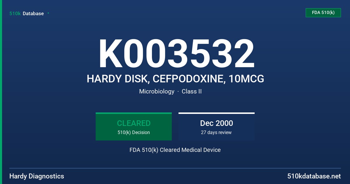 K003532 HARDY DISK, CEFPODOXINE, 10MCG FDA 510(k) Cleared Medical Device