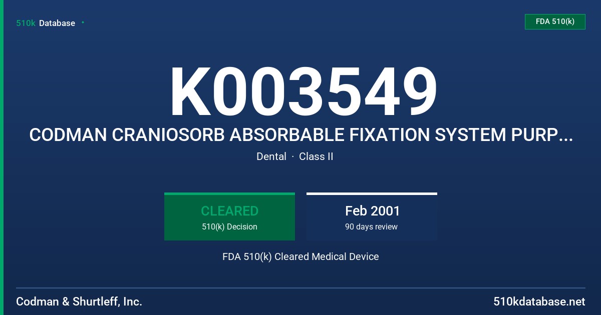 K003549 CODMAN CRANIOSORB ABSORBABLE FIXATION SYSTEM PURPLE RIVETS FDA 510(k) Cleared Medical Device