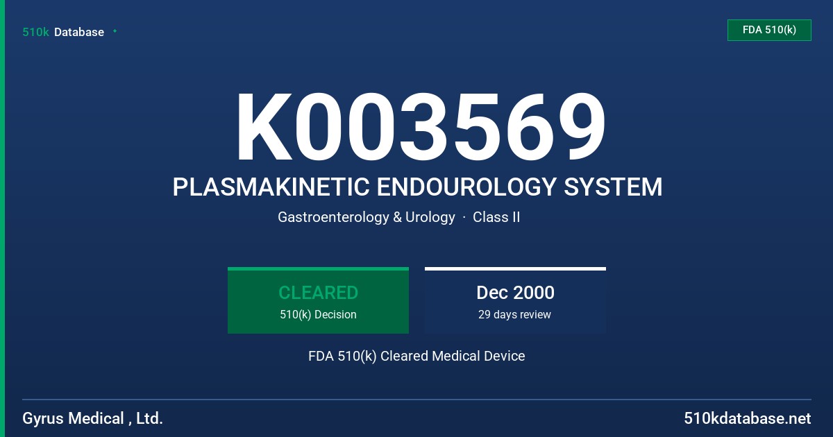 K003569 PLASMAKINETIC ENDOUROLOGY SYSTEM FDA 510(k) Cleared Medical Device