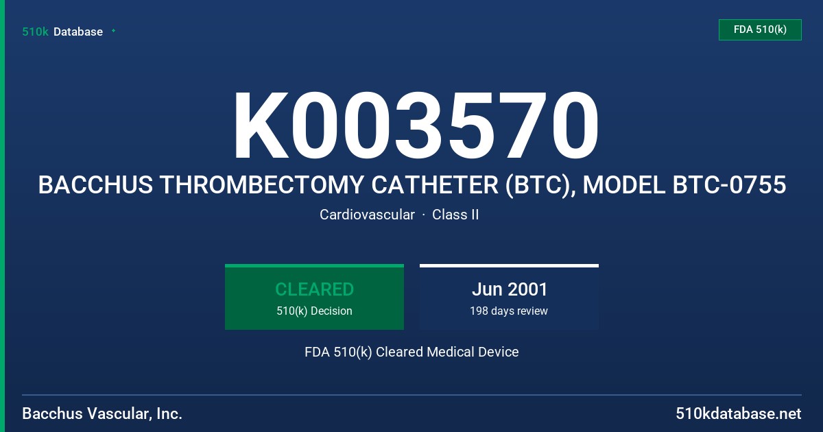 K003570 BACCHUS THROMBECTOMY CATHETER (BTC), MODEL BTC-0755 FDA 510(k) Cleared Medical Device
